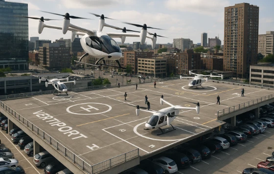 Rooftop vertiport on a parking structure with eVTOL aircraft landing and parked on marked pads